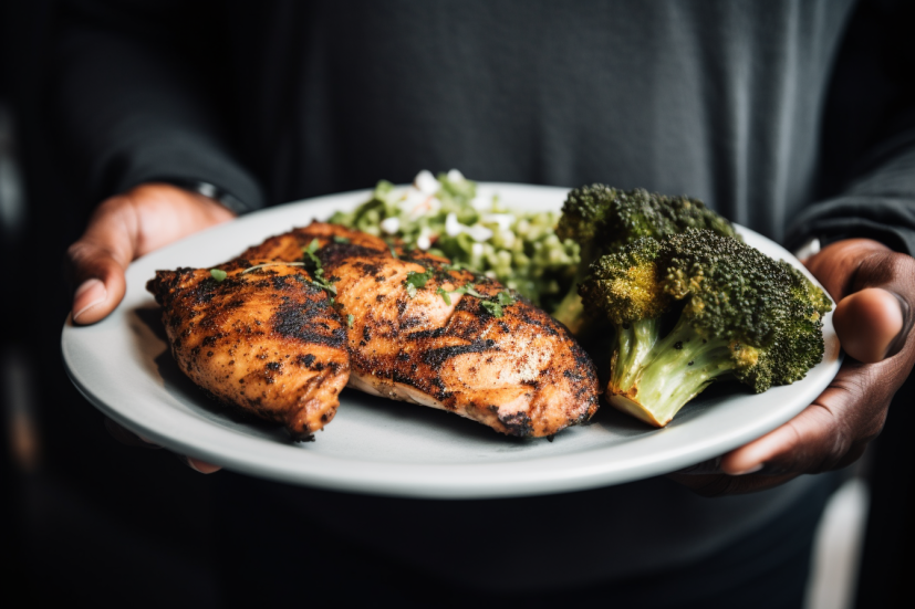 A person holding a plate of grilled chicken breast, broccoli, and quinoa, with a glass of water on the side