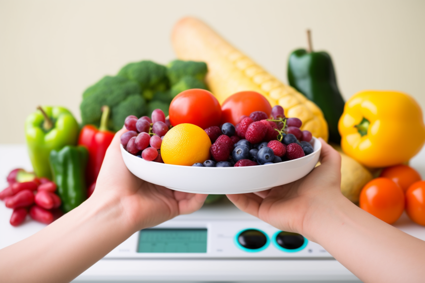 fruits and vegetables and a scale to measure