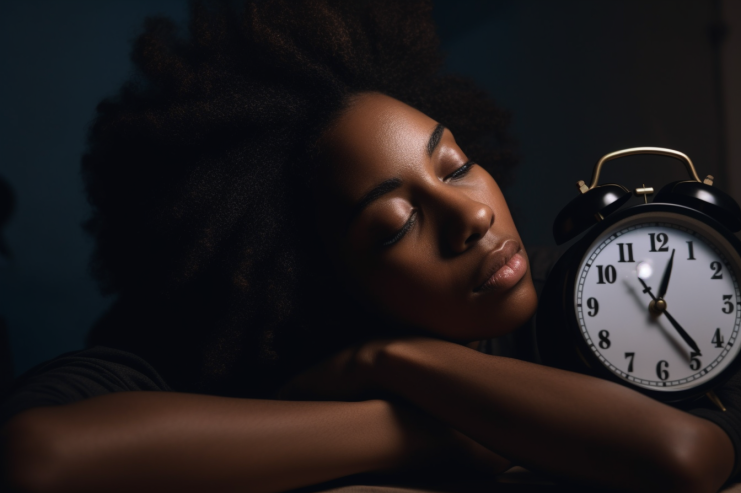 woman sleeping peacefully next to a clock