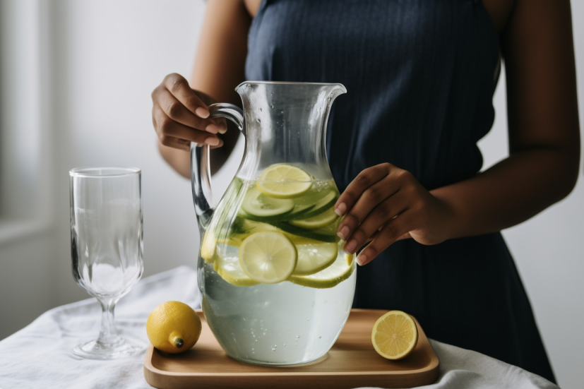 woman with pitcher of lemon and cucumber water