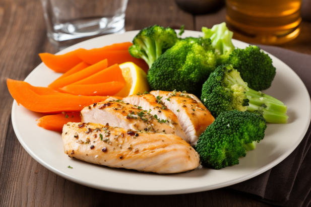 A plate with a grilled chicken breast and steamed vegetables