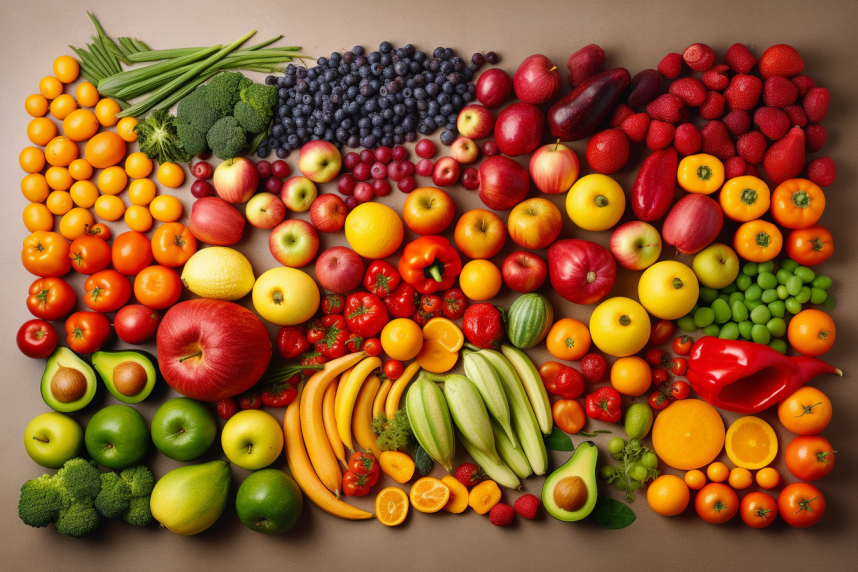 rainbow array of colorful fruits and vegetables